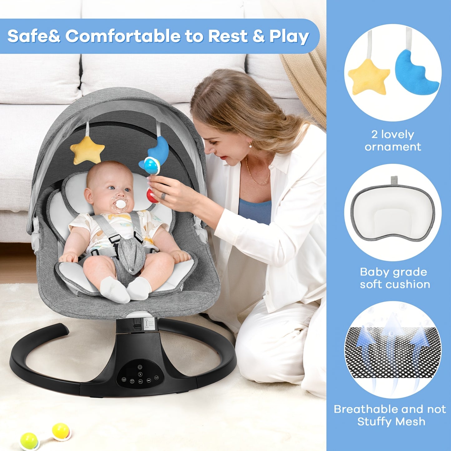 Baby Swing With Five Speeds And Ten Lullabies Indoor Outdoor Use Lightweight Foldable