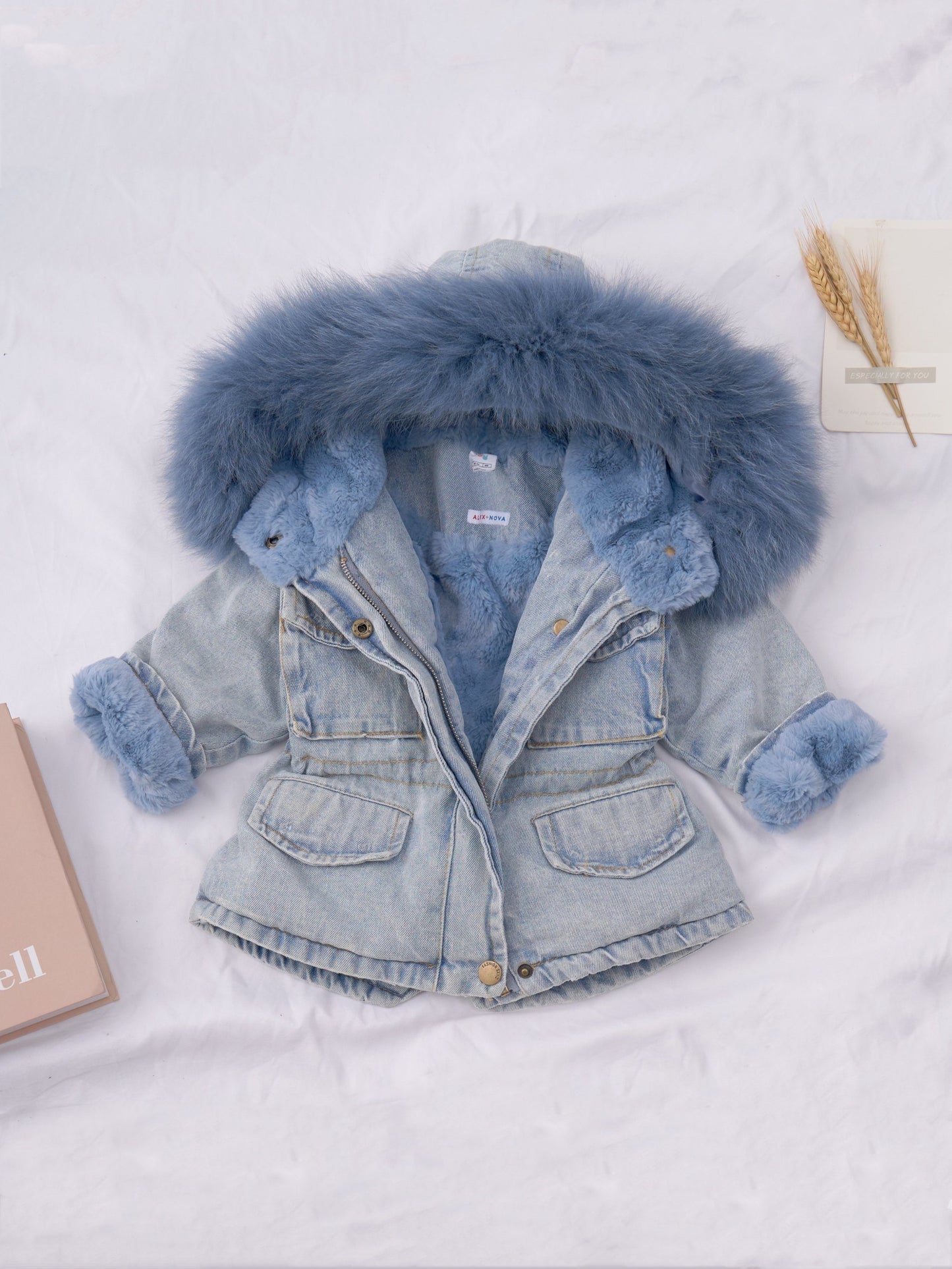 Holly Brand Oversized Denim Fur Hooded Winter Coat Jacket for Women Warm and Cozy