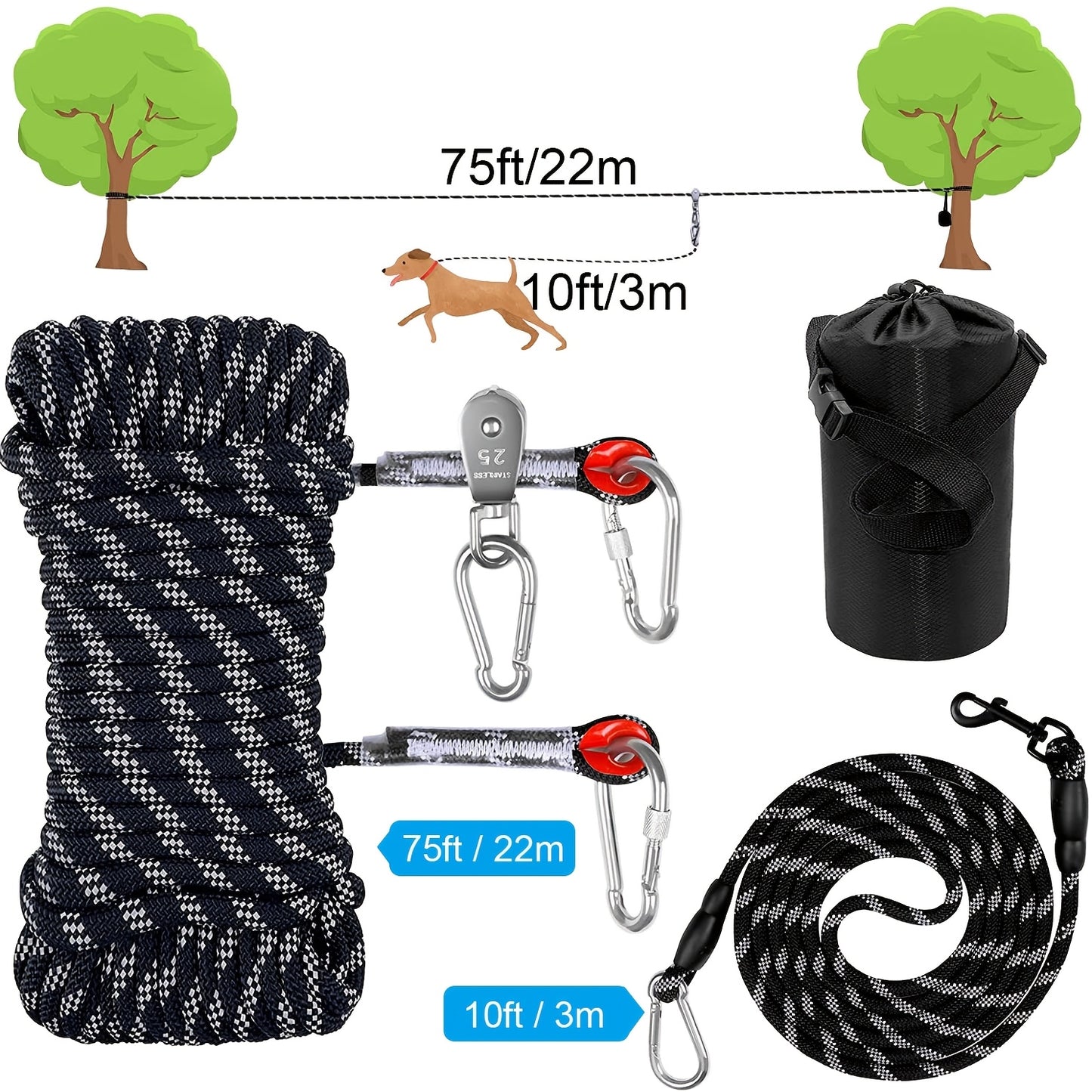 [75ft Portable Dog Tie Out] 75ft Portable Dog Tie Out Cable | Overhead Trolley System With 10ft Runner Lead For Dogs Up To 200lbs | Reflective Dog Lead For Yard, Park, Or Outdoor Adventures