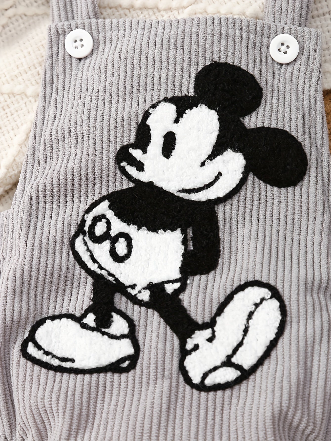 Baby Boys Cartoon Mouse Embroidered Romper Light Grey Corduroy Overalls for Spring Fall