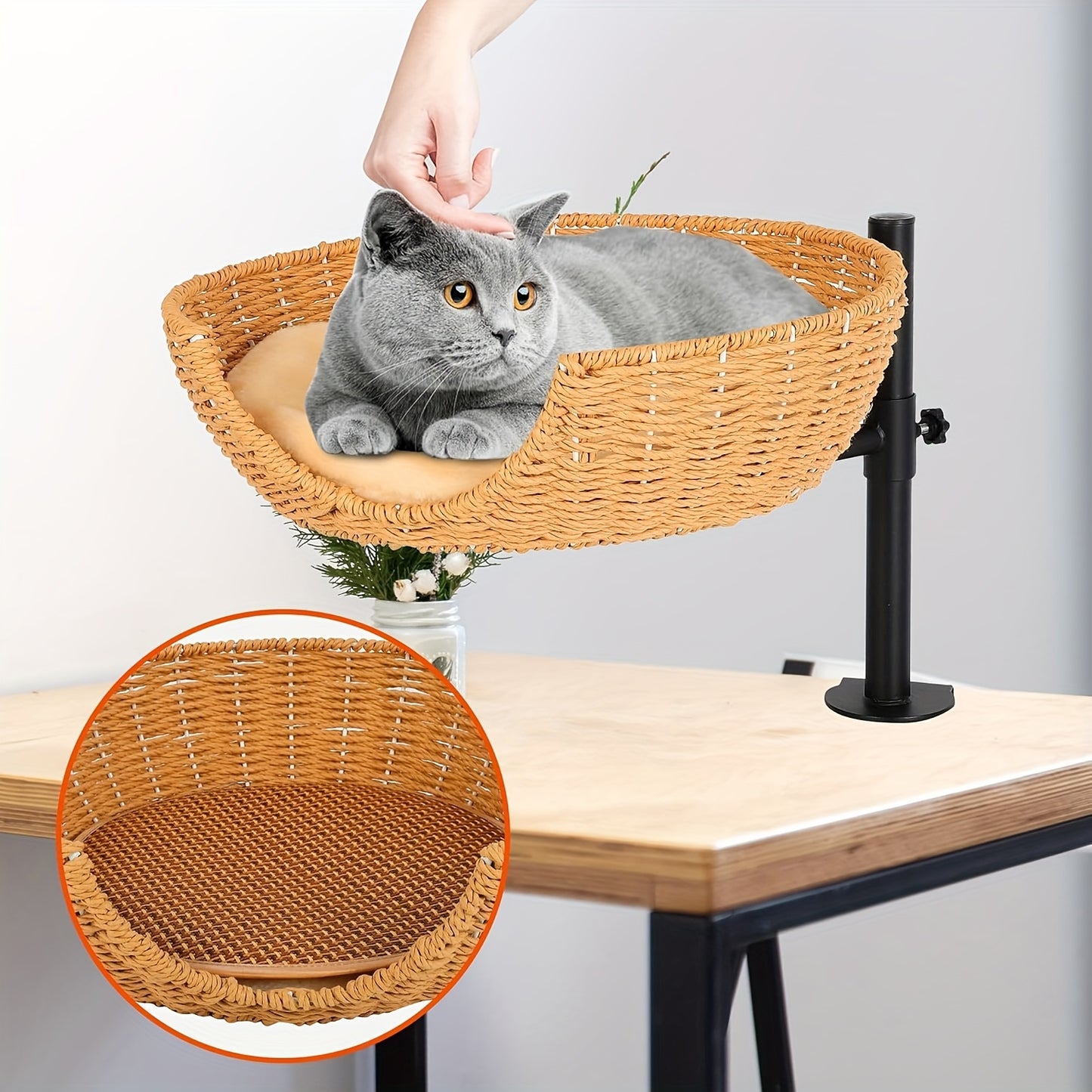 Adjustable Height 360 Degree Rotating Cat Desk Bed Hammock with Removable Shelf and Mats