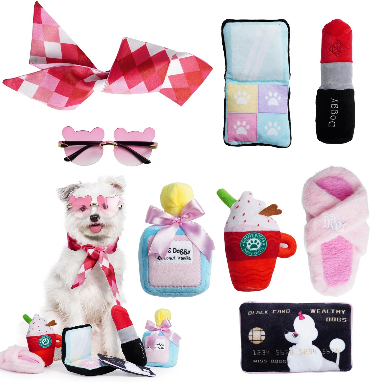 Nocciola 8PCS Cute Plush Dog Toys Set for Small to Medium Dogs with Stylish Accessories