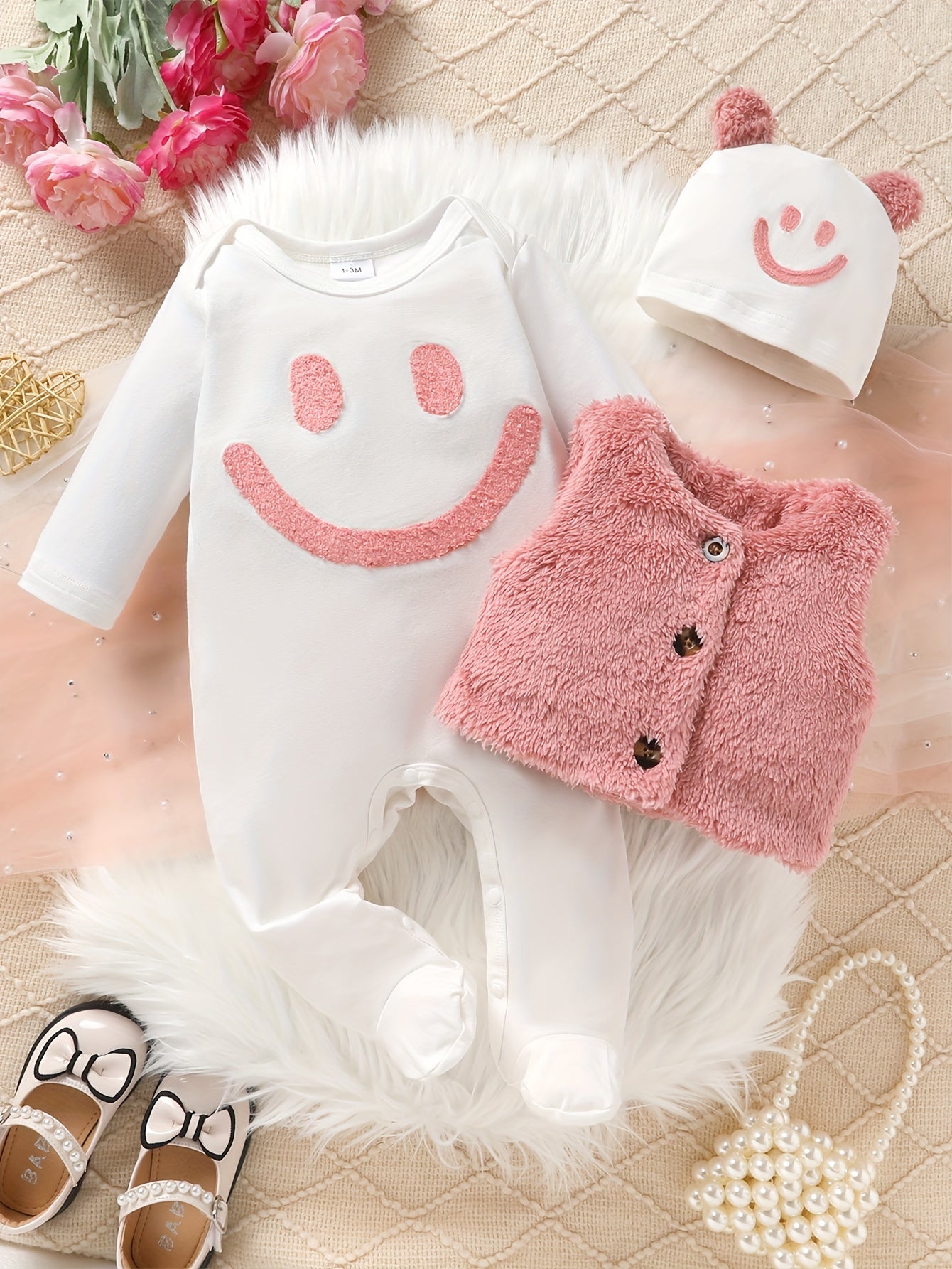 Baby Girl Three Piece Outfit With Teddy Bear Vest Jumpsuit