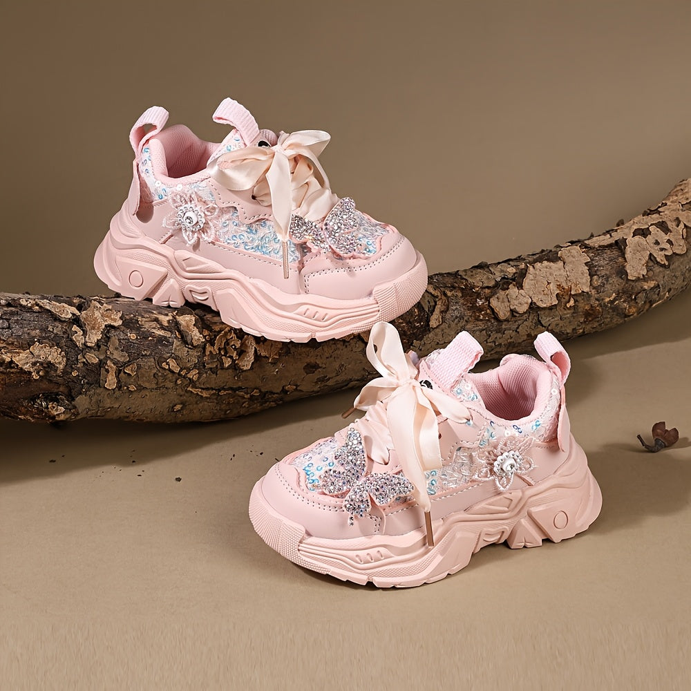 Sparkly Rhinestone Butterfly Bow Girls Sneakers Lightweight Cute Casual Shoes for Play