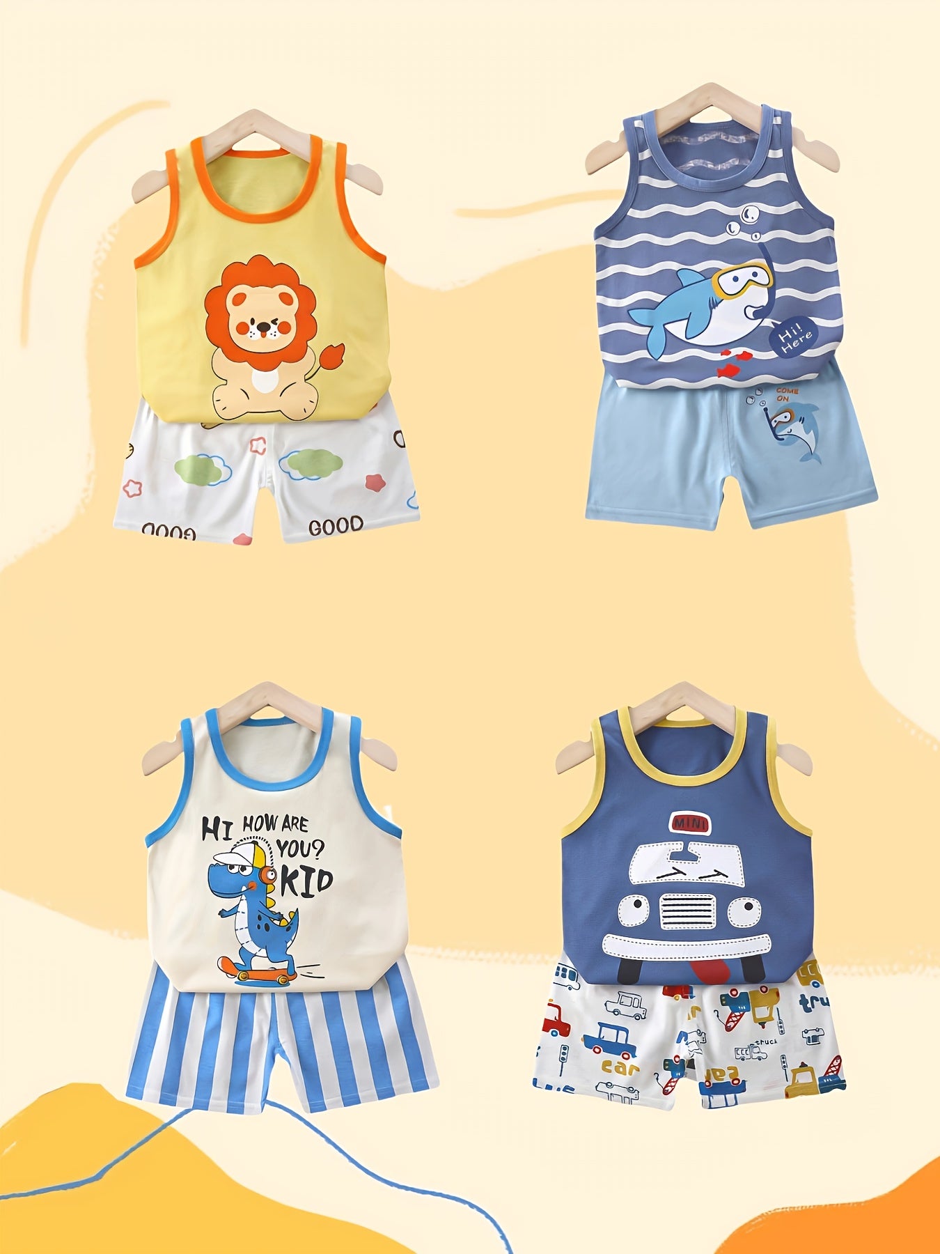 Baby Summer Short Sleeve Suit! Four Sets! An Eight-piece Set! Children Like Animal Prints, Pure Cotton Material, Comfortable And Breathable. It Is Also The Best Gift Parents Can Give Their Children. A New Suit! Summer Childre