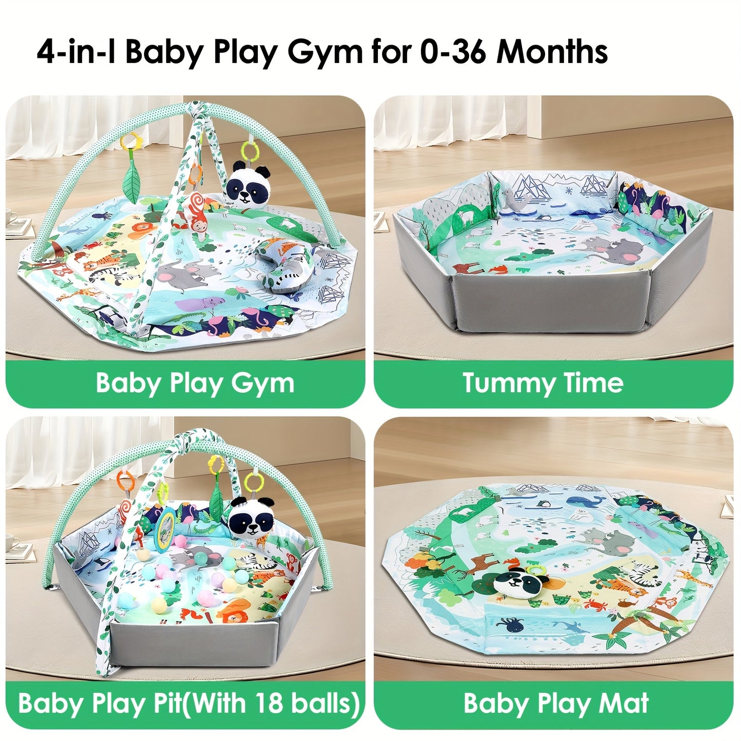 Dearlomum 4 in 1 Tummy Time Mat and Baby Gym Activity Play Mat with 6 Sensory Toys
