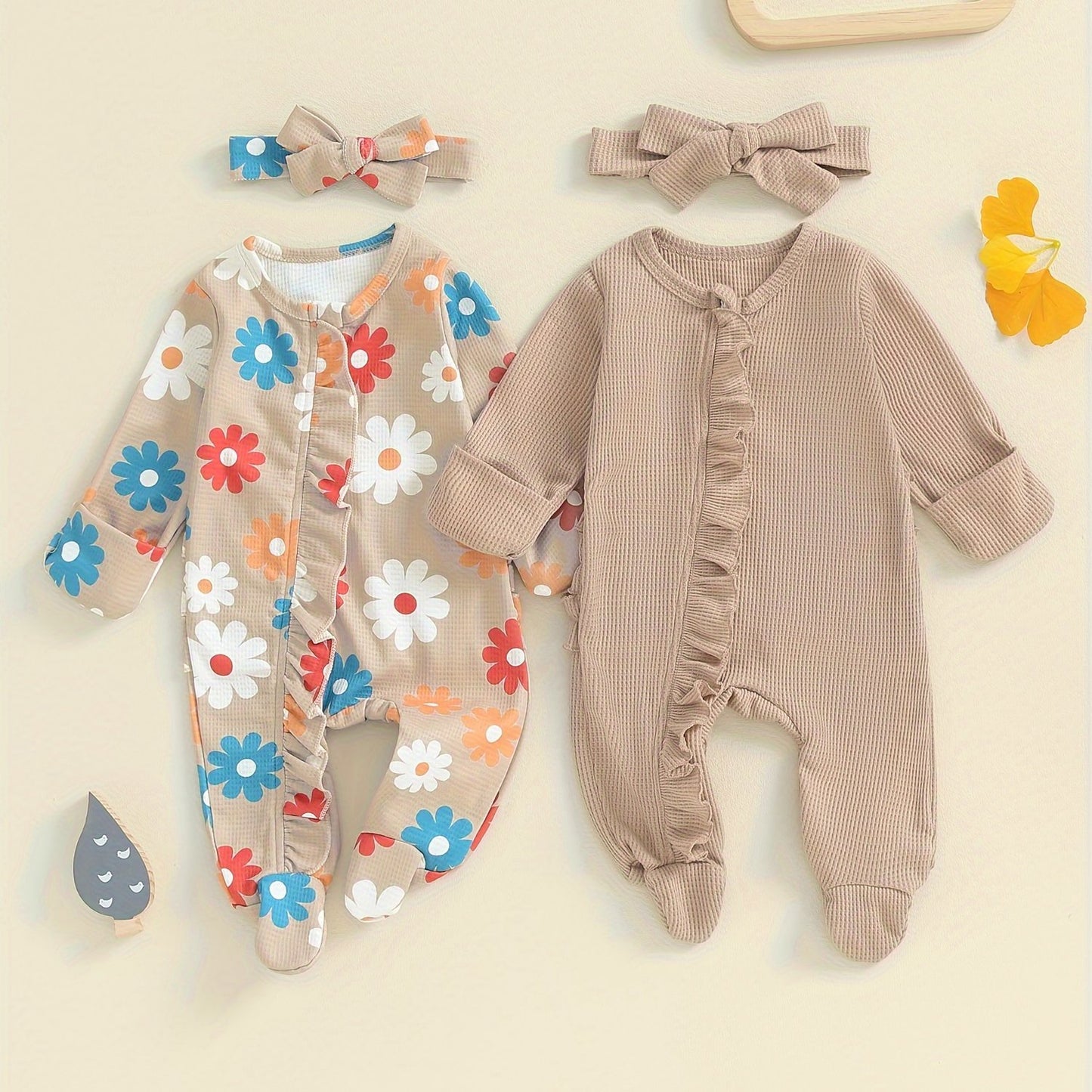 Baby Girls Long Sleeve Frills Jumpsuit Headband Footies