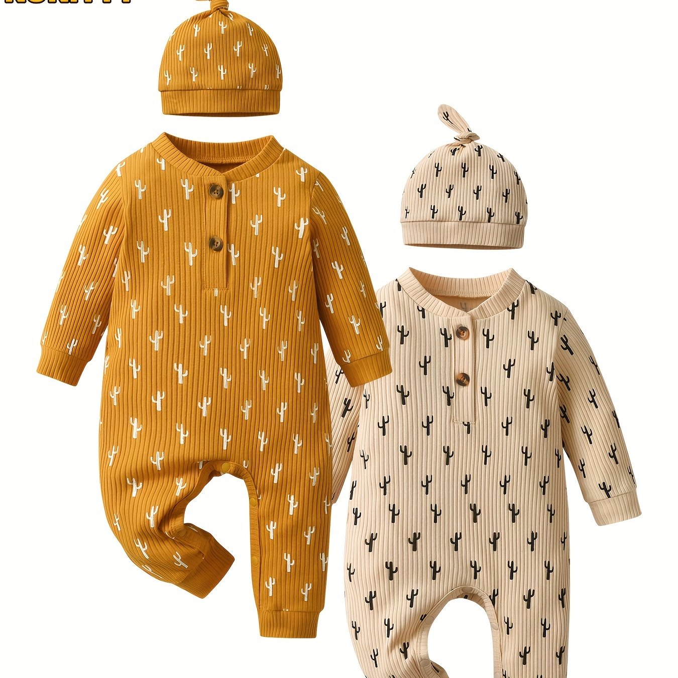 KuKitty 2 Pack Newborn Baby Boy Romper Long Sleeve Ribbed Cactus Printed Jumpsuit With Hat, for Outdoor