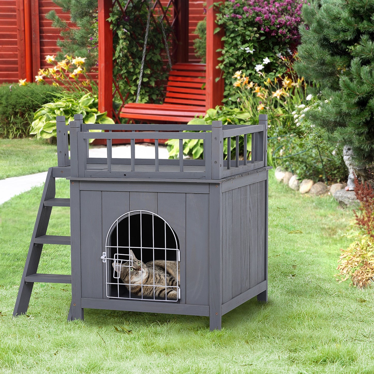 PawHut 2-Level Wooden Cat House Outdoor Dog Shelter with Lockable Door and Balcony