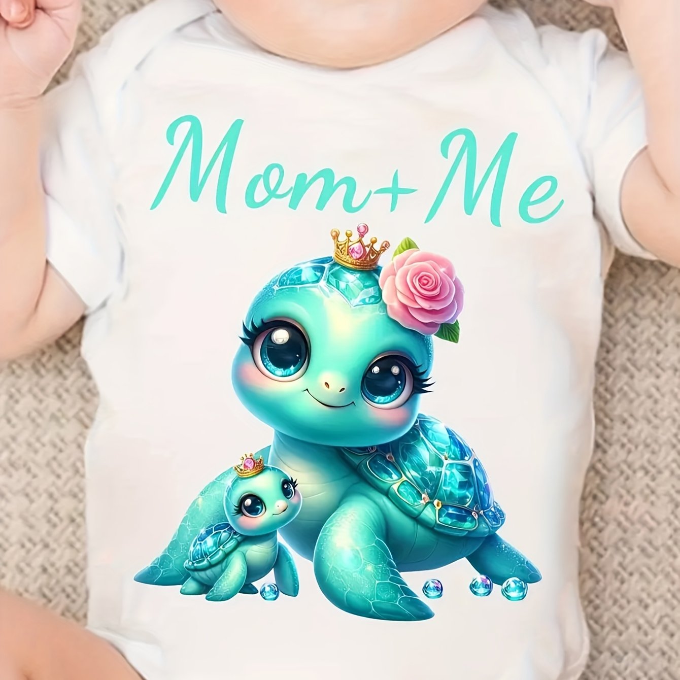 Infantee Mom and Me Turtle Print Baby Girl Jumpsuit Soft Black Cyan Summer Romper