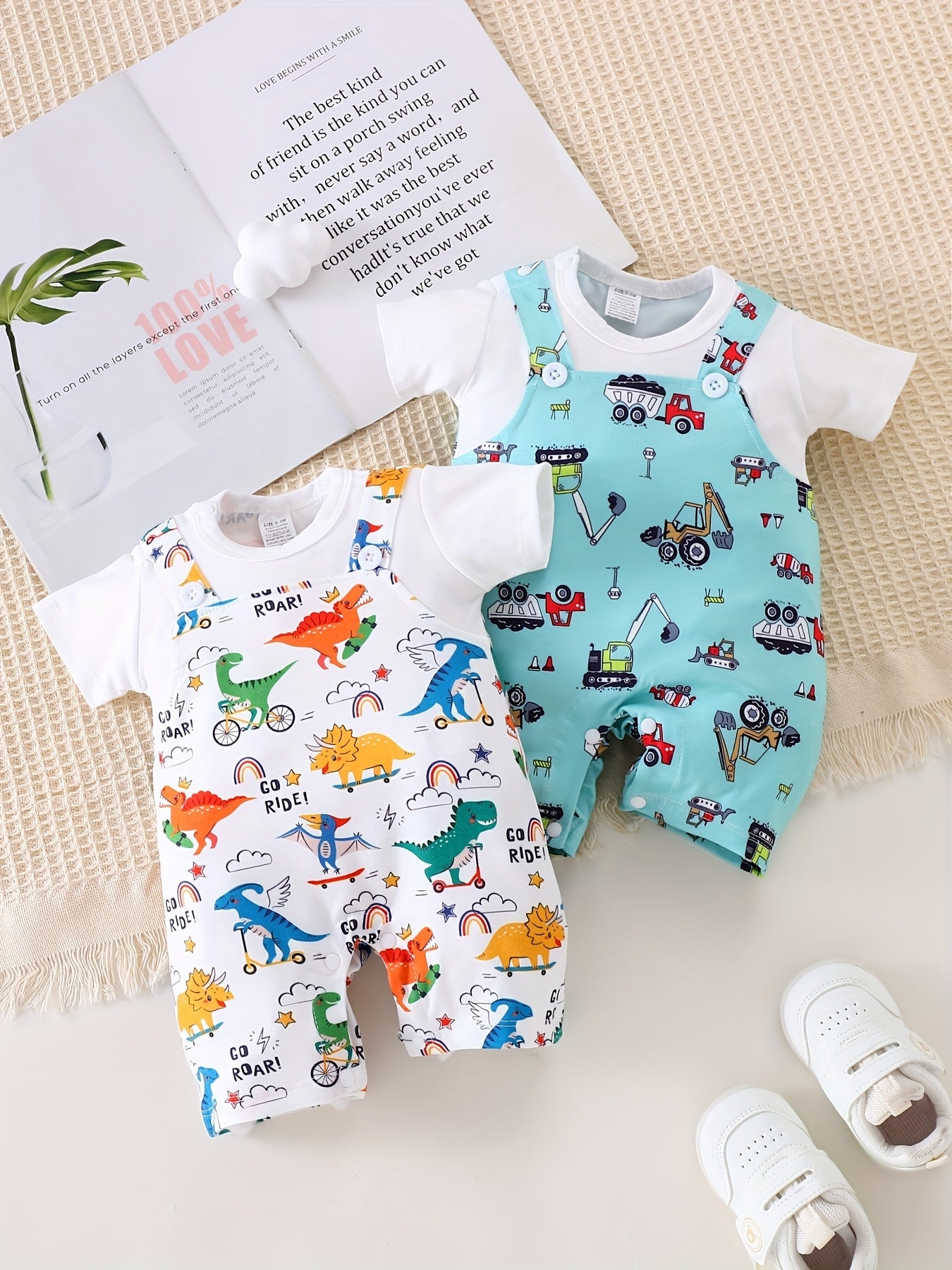 2pcs 2025 Boys' Summer Fashion Casual Short Sleeve Romper with Back Strap Pants and Faux Two-Piece Jumpsuit Dinosaur Excavator Pattern Bodysuits for Ages 0.0-29.53ft, Perfect for Outdoor