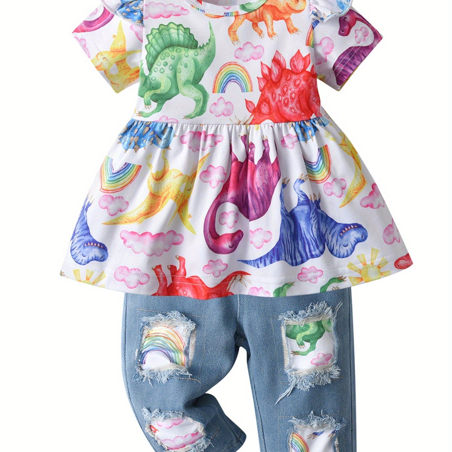 Summer Toddler Kids Baby Girls Clothes Set Cartoon Dinosaur Print Children Girl Short Sleeve Tops and Jeans Pants Children Clothing Outfits, Perfect for Outdoor