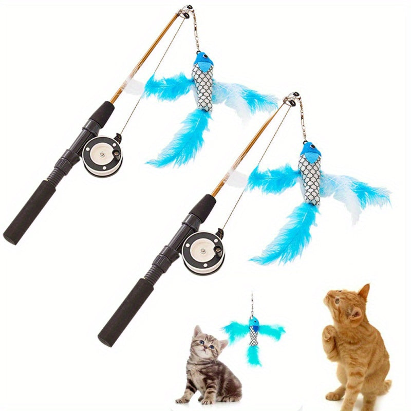 2pcs Retractable Cat Toy Fishing Rod with Feathers Telescoping Design for Interactive Play