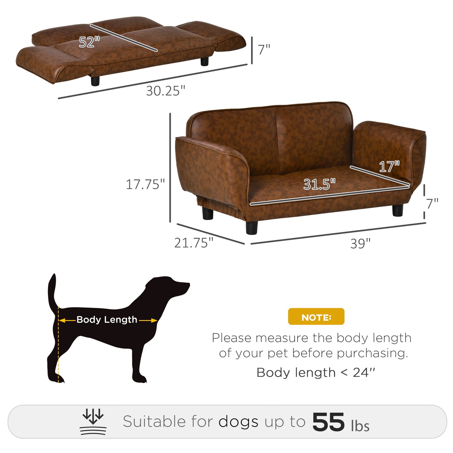 PawHut Foldable Pet Sofa Dog Bed for Medium and Large Breeds PU Leather Couch Brown