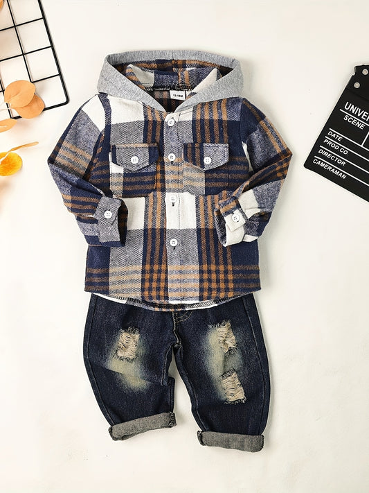 Toddler Boy Fall Winter Outfit Set Hooded Sweatshirt and Ripped Jeans Dark Khaki 12M-5T