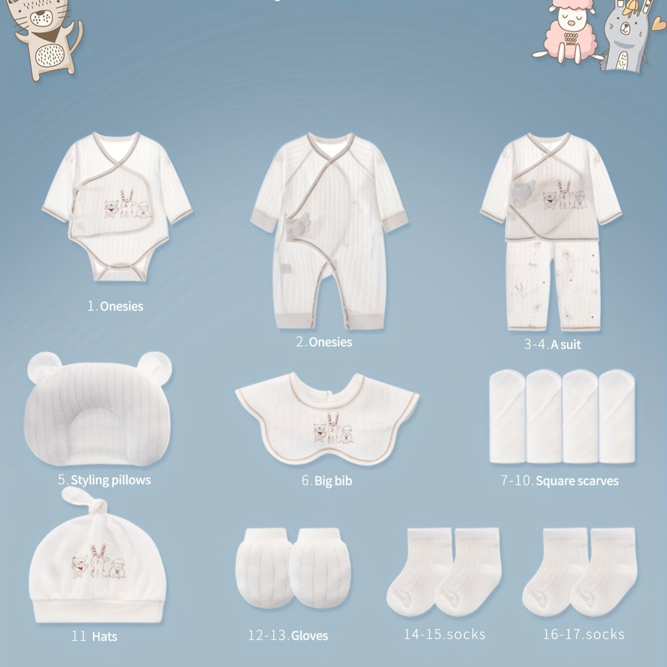 Baby Angel White Bodysuit Set, Four-Season Pure Cotton + Full Newborn Essentials, Includes 5 Outfits, Hat, Swaddle Blanket, Pillow, Gloves, Washcloths, And Socks - Perfect Newborn Gift, for Outdoor
