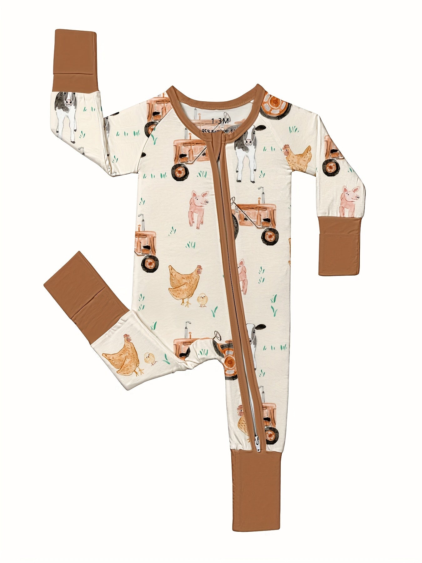[Bamboo | Soft] Soft Bamboo Fiber Youngsters Romper | Long Sleeve, Zipper Closure, Anti-Grip Feet & Mitten Cuffs | Machine Washable, All-Season Comfort, Cartoon Farm Prints, Safe Youngsters, Bamboo Youngsters Clothes