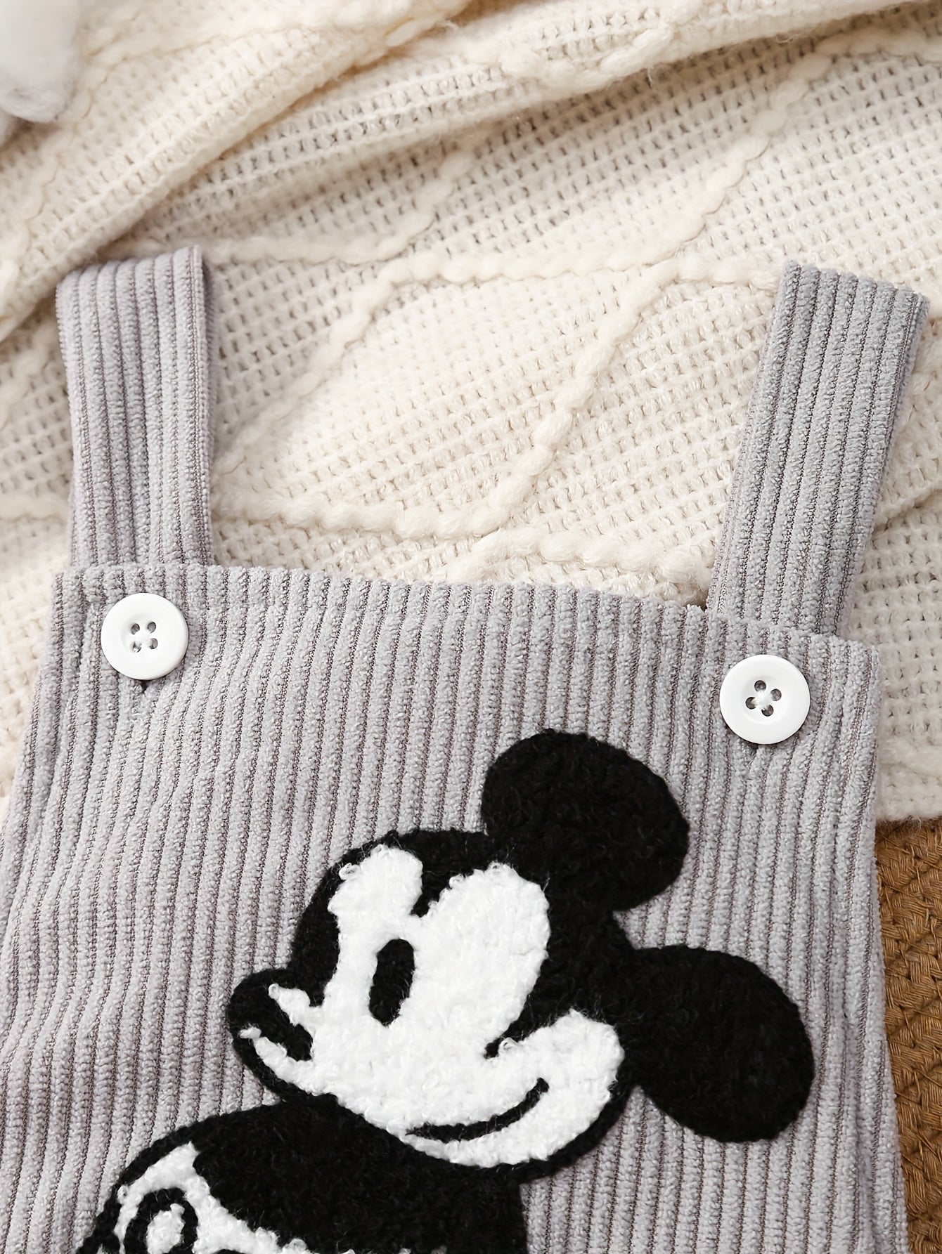Baby Boys Cartoon Mouse Embroidered Romper Light Grey Corduroy Overalls for Spring Fall