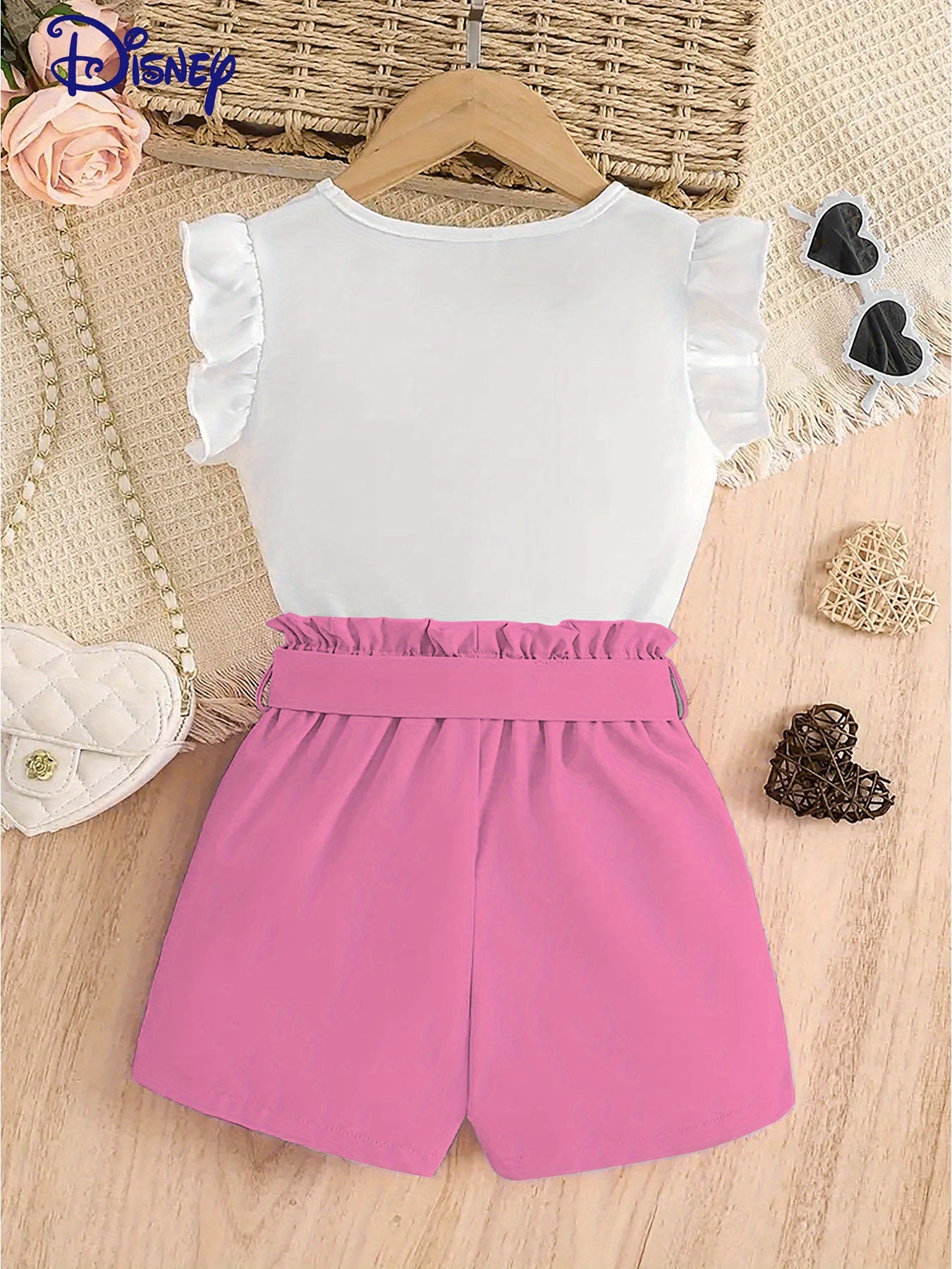 Disney Stitch Girls 2pcs Set, Floral Print Top and Belted Shorts, Perfect for Summer Kids' Party Outdoors Activities