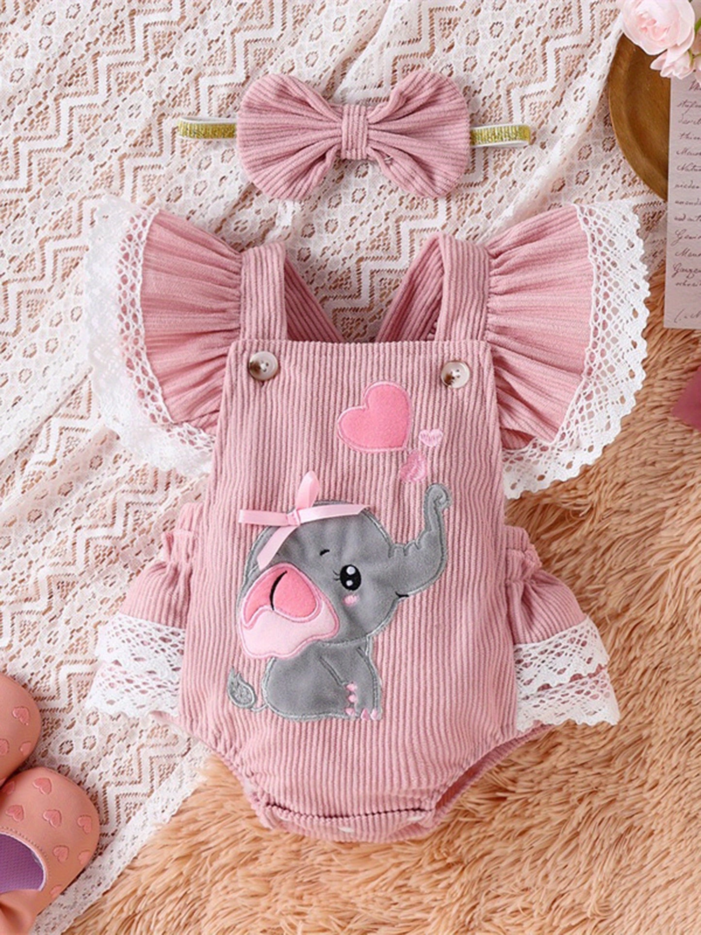 0.0-59.06ft Cute Girl Set, 2pcs Embroidered Elephant Love jumpsuit+Butterfly Bow Hairband Summer Clothing, for Outdoor