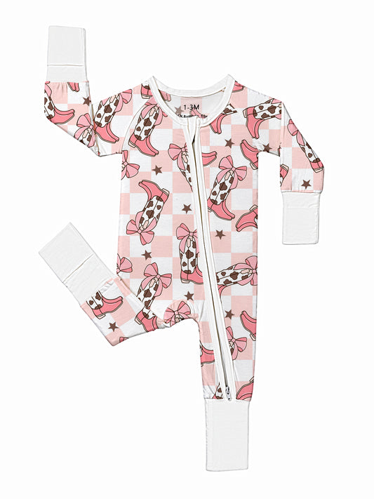 Soft Bamboo Fiber Baby Bodysuit with Pink Boots Western Style Print, Double-Sided Zipper, and Matching Pants - Casual, All-Season, Machine Washable - Adorable Green & White Design for Infants, Bamboo Baby Clothing, Perfect fo