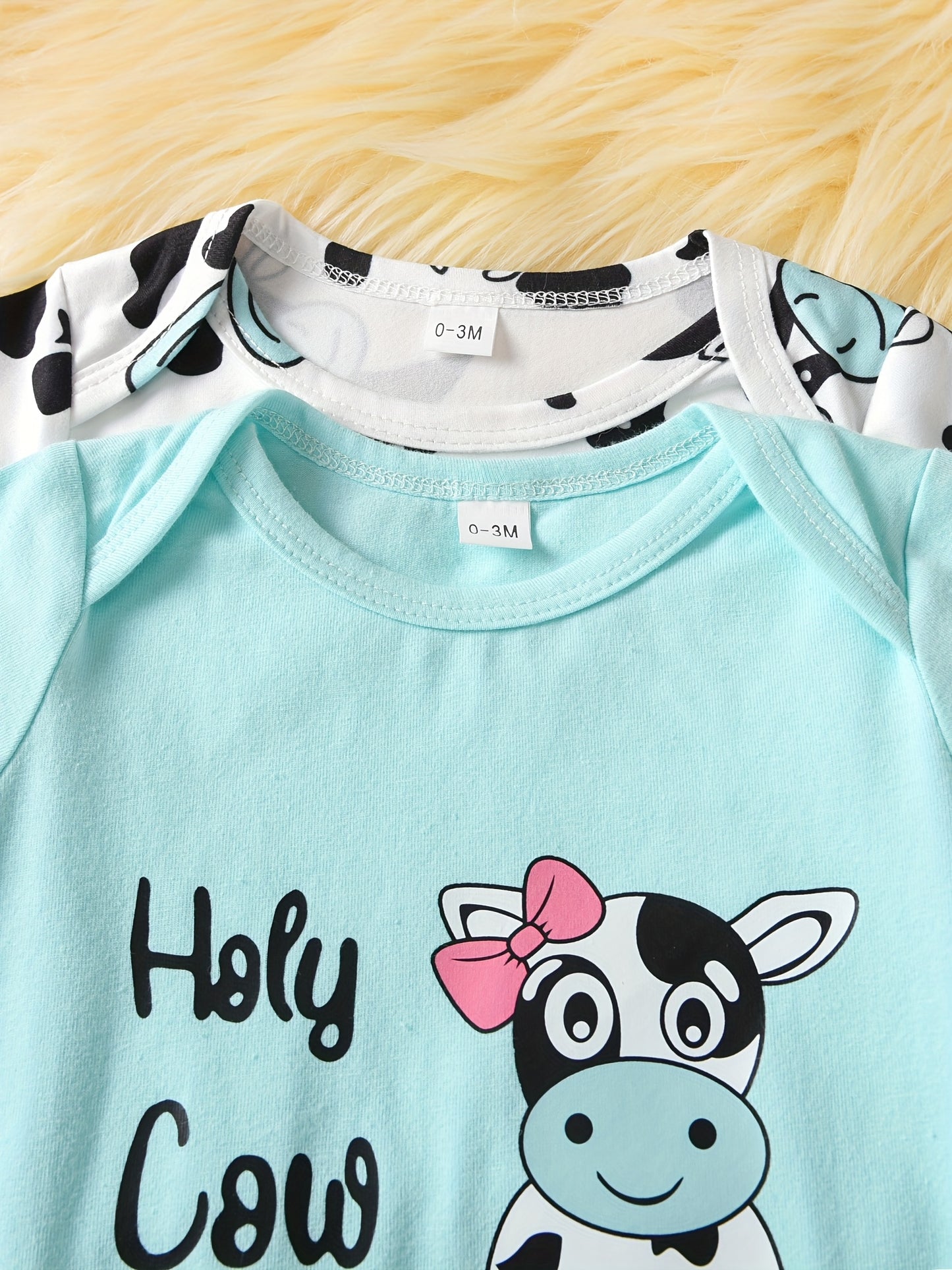 2pcs Newborn Baby Girl Romper Cow Pattern Cute Infant Outfits Long Sleeve Jumpsuits Baby Girl Clothes, for Outdoor