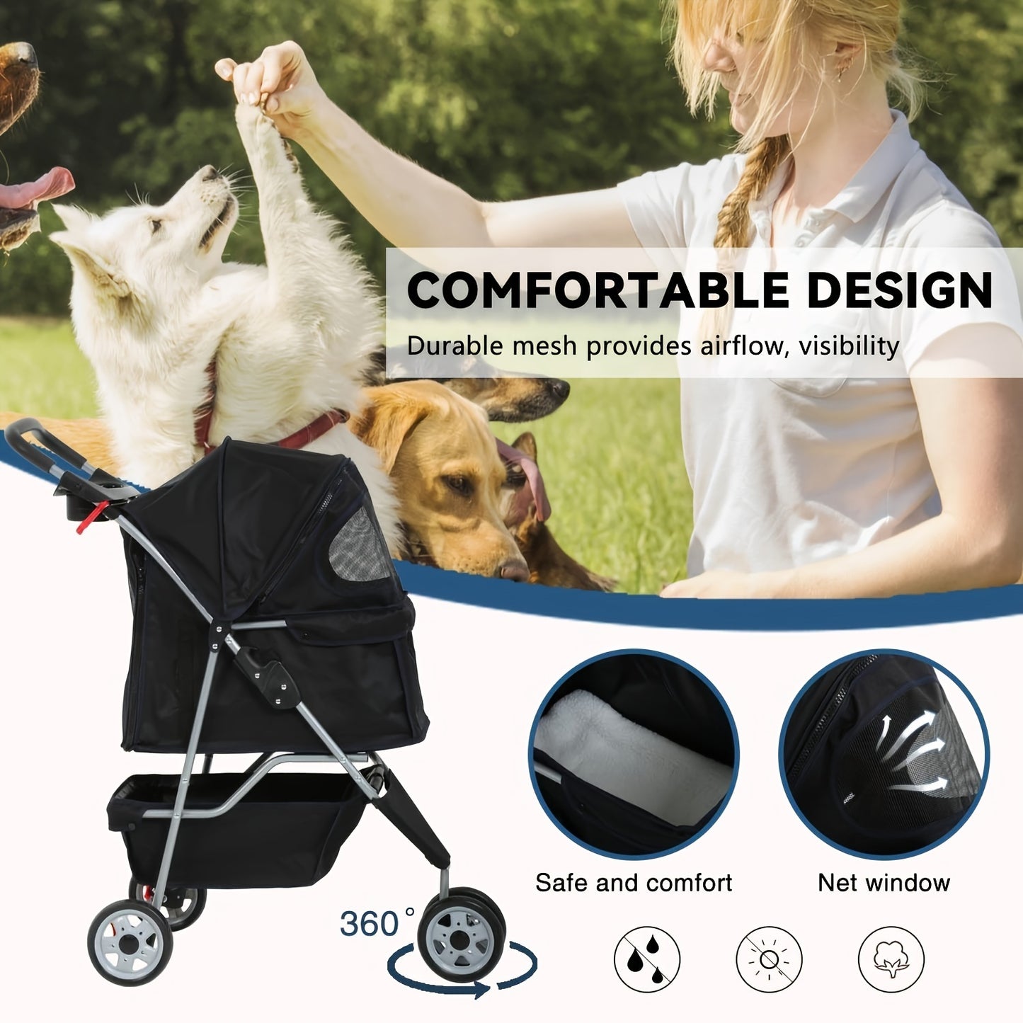 3 Wheels Pet Cat Jogger Stroller, Folding Carrier Waterproof Puppy Stroller With Cup Holder & Removable Liner, Dog Strollers For Small Dogs, For Small And Medium Pets