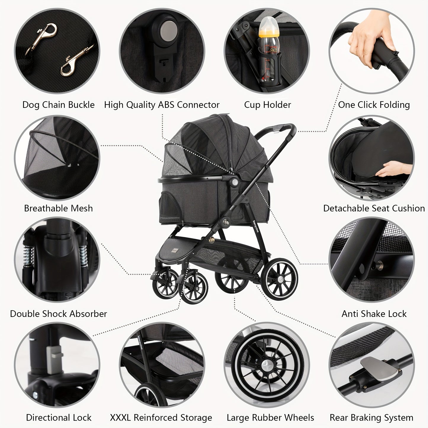 Kenyone Pet Stroller C510 Gray - 3 in 1 Dog Stroller for Medium Small Dogs, Large Cat Stroller with Detachable Carrier for Puppies, Doggies, Kitties, Bunnies - Durable & Lightweight - Suitable for Outdoor Walks & Travel - Ide