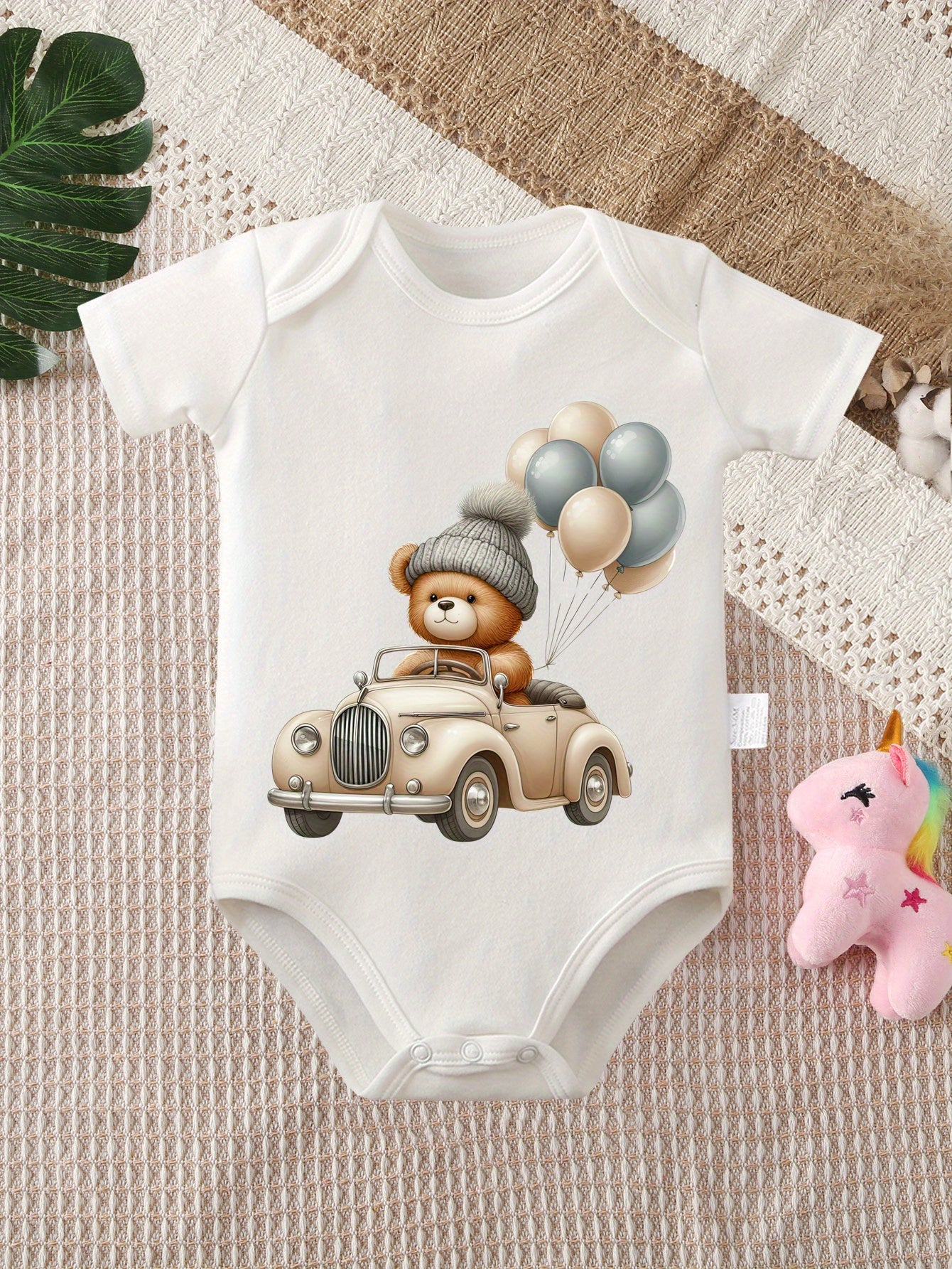 Soft Cotton Cartoon Bear and Balloons Print Short Sleeve Onesie for Infants 0-12 Months