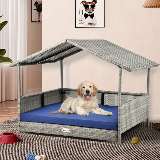 Large Wicker Dog House with Cushion Elevated Rattan Canopy for Indoor and Outdoor Use