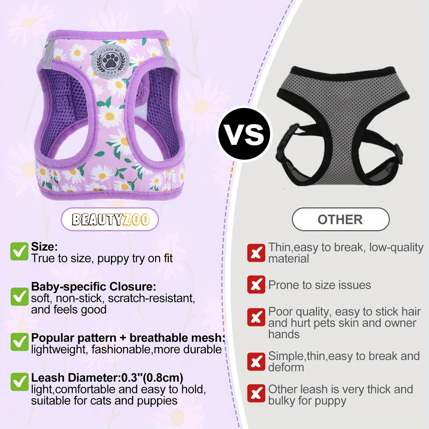 Floral Pattern Reflective Dog Harness and Leash Set for All Breeds with Soft Padded Vest