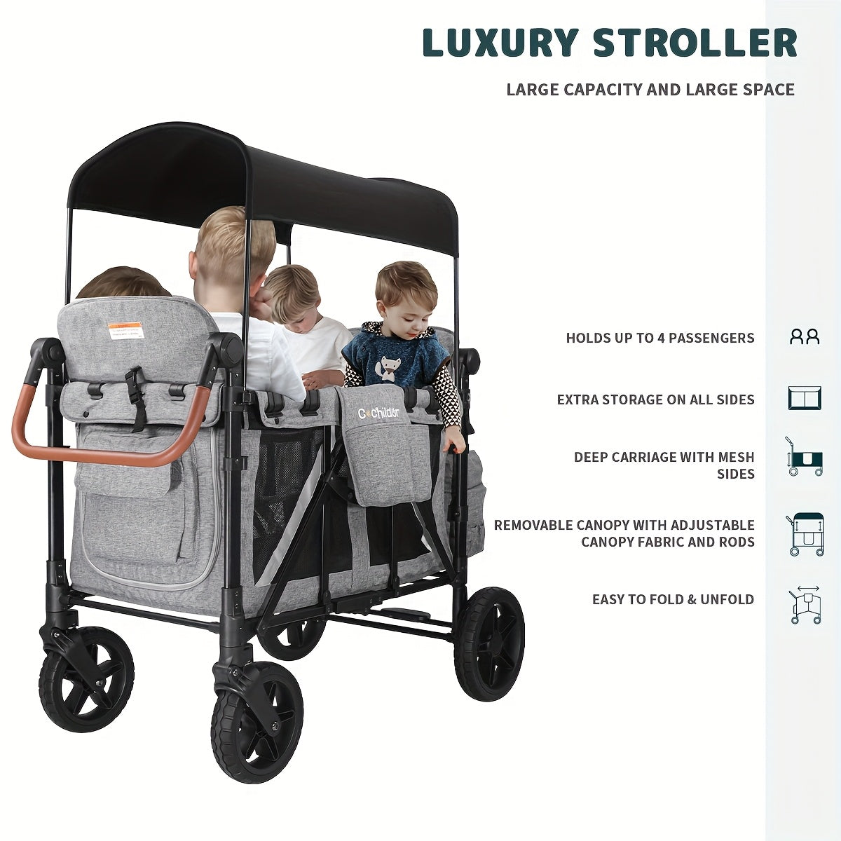 Versatile 4-in-1 Stroller Wagon with Adjustable Sun Canopy & 5-Point Harness - Perfect for Travel & Beach Outings, Suitable for Four Youngsters, Front-Facing Design, Durable Polyester Fabric, Gray/Black Color, Shock Absorptio