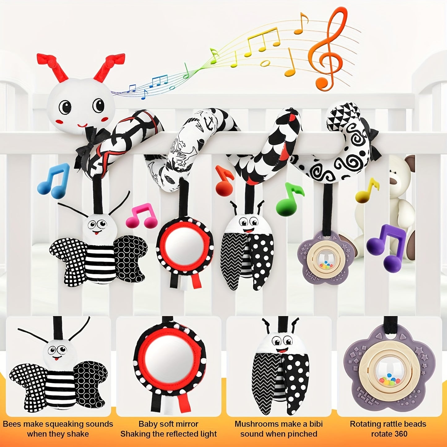 Musical Rattle Set For Babies 0 To 6 Months High Contrast Car Seat Toys Plush Pendants