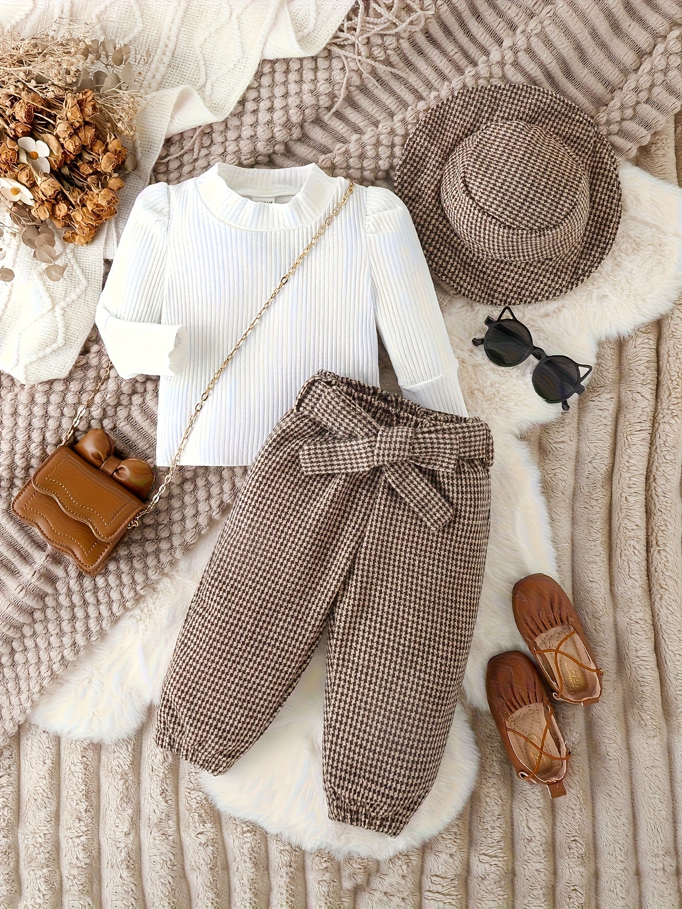 Autumn Winter Baby Girl Knit Set With Checkered Pants Hat