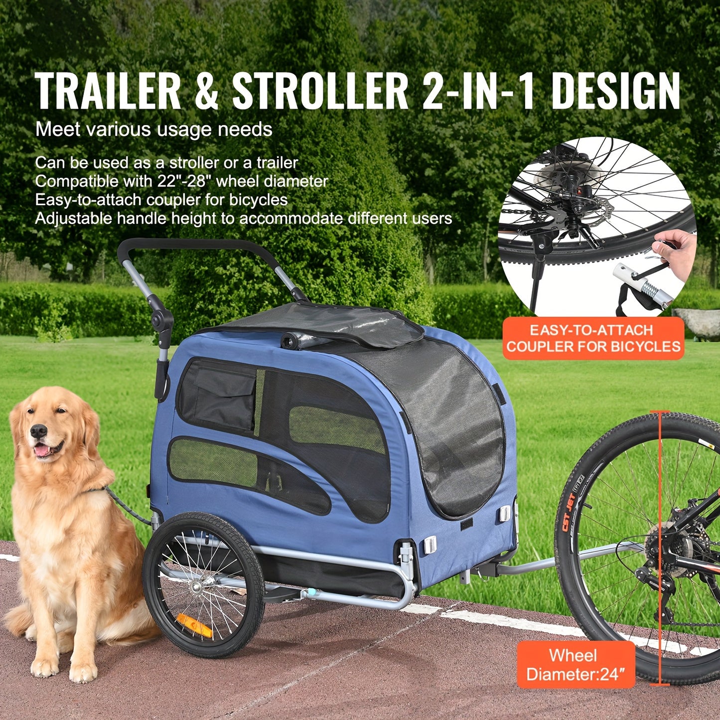 VEVOR 2 In 1 Dog Bike Trailer Stroller Carrier 100 Lbs