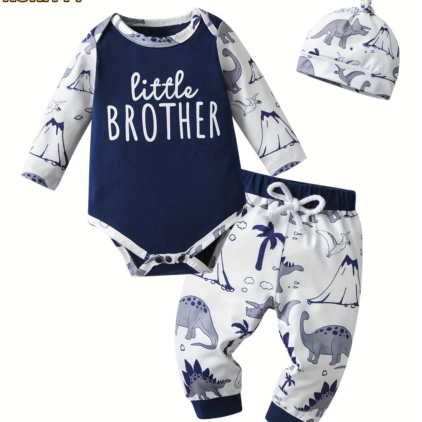[3pcs KuKitty Outfit] KuKitty 3pcs Newborn Baby Boy Long Sleeve Outfit Set | Little Brother Print Tops Dinosaur Pattern Pants With Hat | for Outdoor Infant Boys