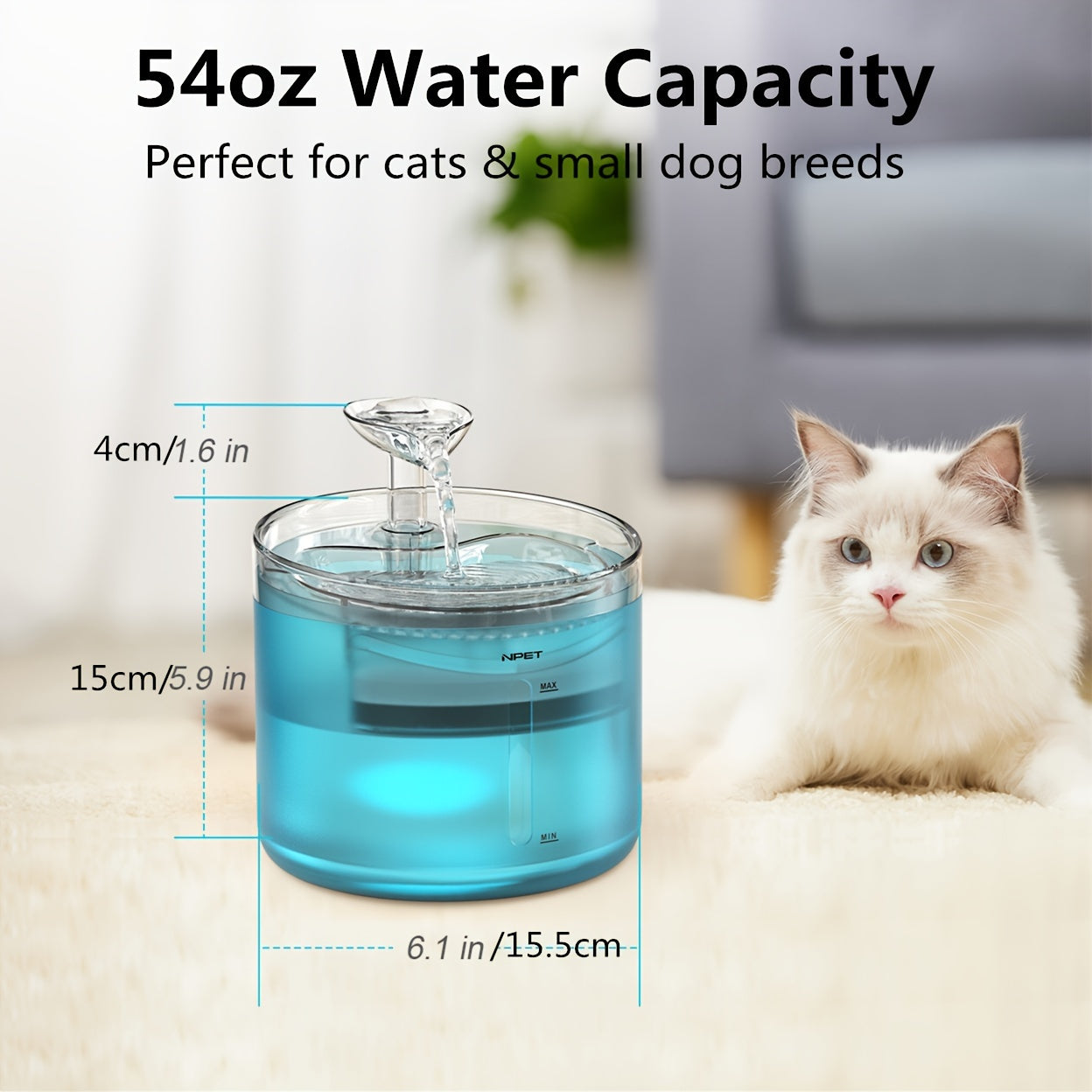 NPET 54oz Automatic Cat Fountain Ultra Silent Water Dispenser with LED Lights