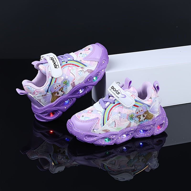 Girls Cute Cartoon Print LED Running Shoes for Toddlers and Youngsters Light Up Sports Shoes