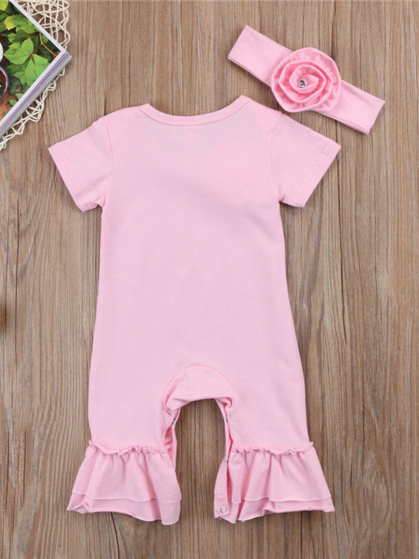 [Cotton Baby Romper] Soft Cotton Baby Girl's Floral Romper with Headband | Short Sleeve Bodysuit with Ruffled Hem & "Hello Baby" Print | Perfect for Summer, Outdoor