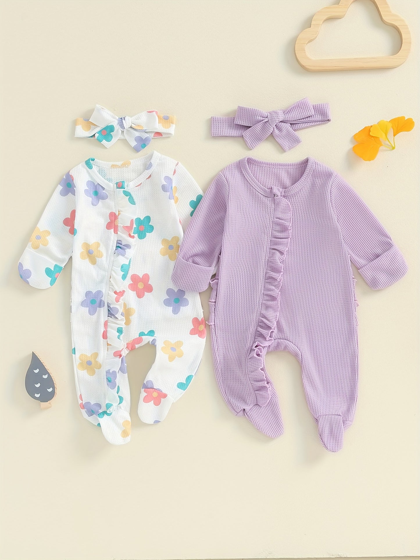 Baby Girls Long Sleeve Frills Jumpsuit Headband Footies