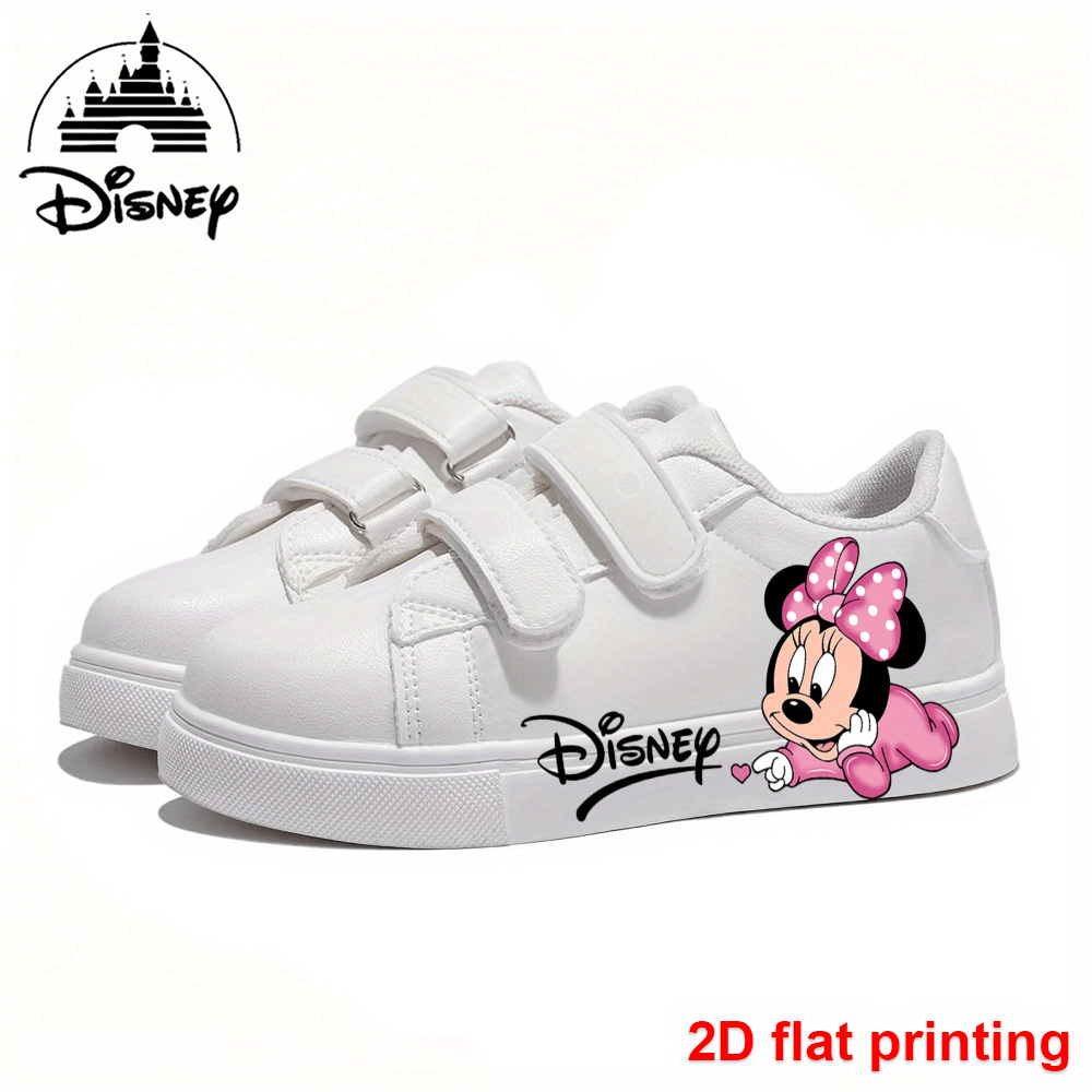 Disney Mickey and Minnie Kids Sneakers With Velcro Closure 2D Flat Printing Lightweight All Season Casual Shoes