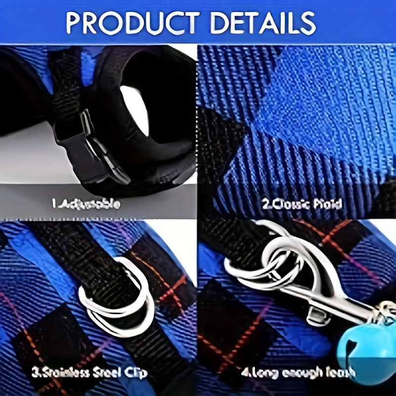 [2pcs Harness Set] 2pcs Adjustable No Pulling Harness And Leash Set | Plaid Hamster Harness With Safety Bell For Ferret Chinchilla And Similar Small Animals