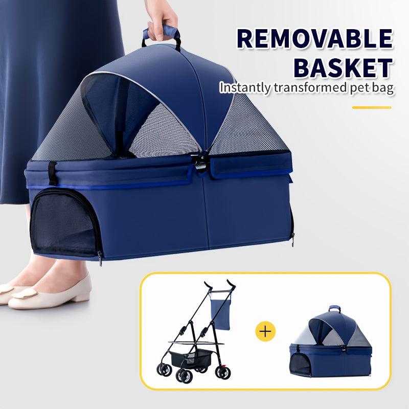 1pc Durable Pet Stroller for Small to Medium Dogs & Cats - Portable, Foldable with Metal Frame & Oxford Fabric, Blue & Black with Mesh Side Pocket, Carry Bag & Removable Tray for Travel, Dog Stroller