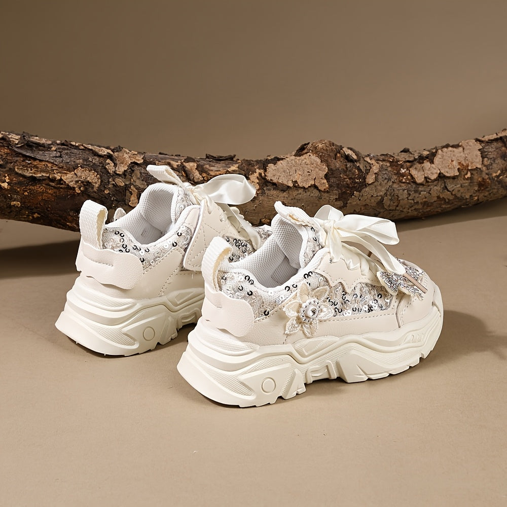 Sparkly Rhinestone Butterfly Bow Girls Sneakers Lightweight Cute Casual Shoes for Play