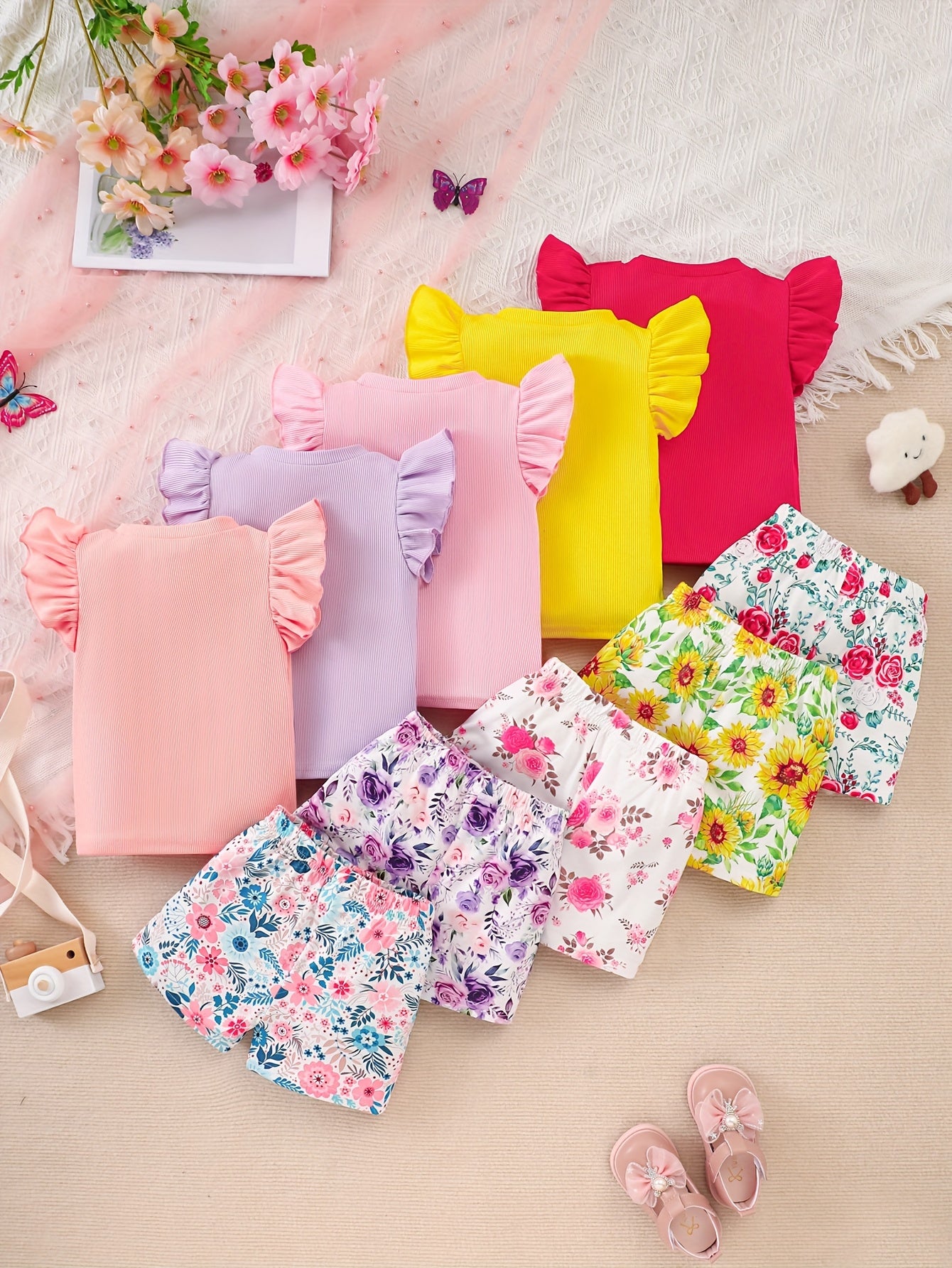 Ten-Piece Set of Girls' Casual Style Purple, Pink, And Red Rose with Yellow Sunflower Print Soft Knit Fabric Flyaway Sleeve Bow Top And Shorts Outfit