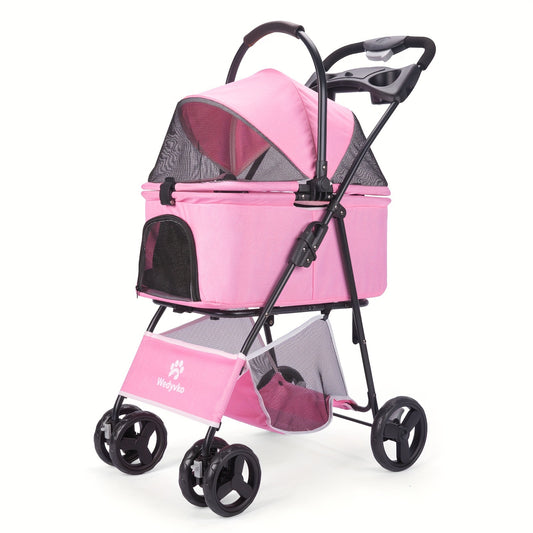 Pet Stroller For Small To Medium Dogs Durable Cat Stroller With Lightweight Aluminum Frame, One-Click Folding, No Zip Entry, PU Wheels, Multiple Pockets
