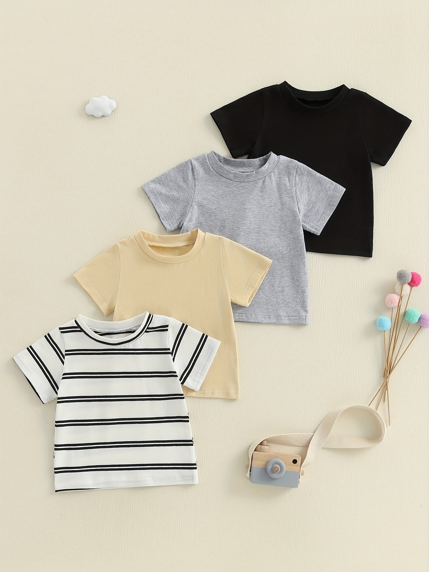 Toddler Baby Summer T-Shirt 4pcs Set Loose Fit Solid/Striped Crew Neck Short Sleeve Tops, Suitable for Outdoor Leisure