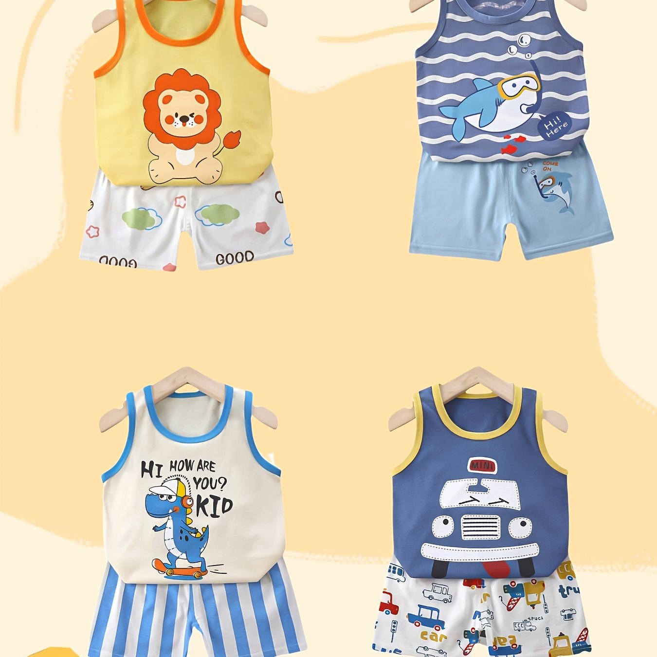 Baby Summer Short Sleeve Suit! Four Sets! An Eight-piece Set! Children Like Animal Prints, Pure Cotton Material, Comfortable And Breathable. It Is Also The Best Gift Parents Can Give Their Children. A New Suit! Summer Childre