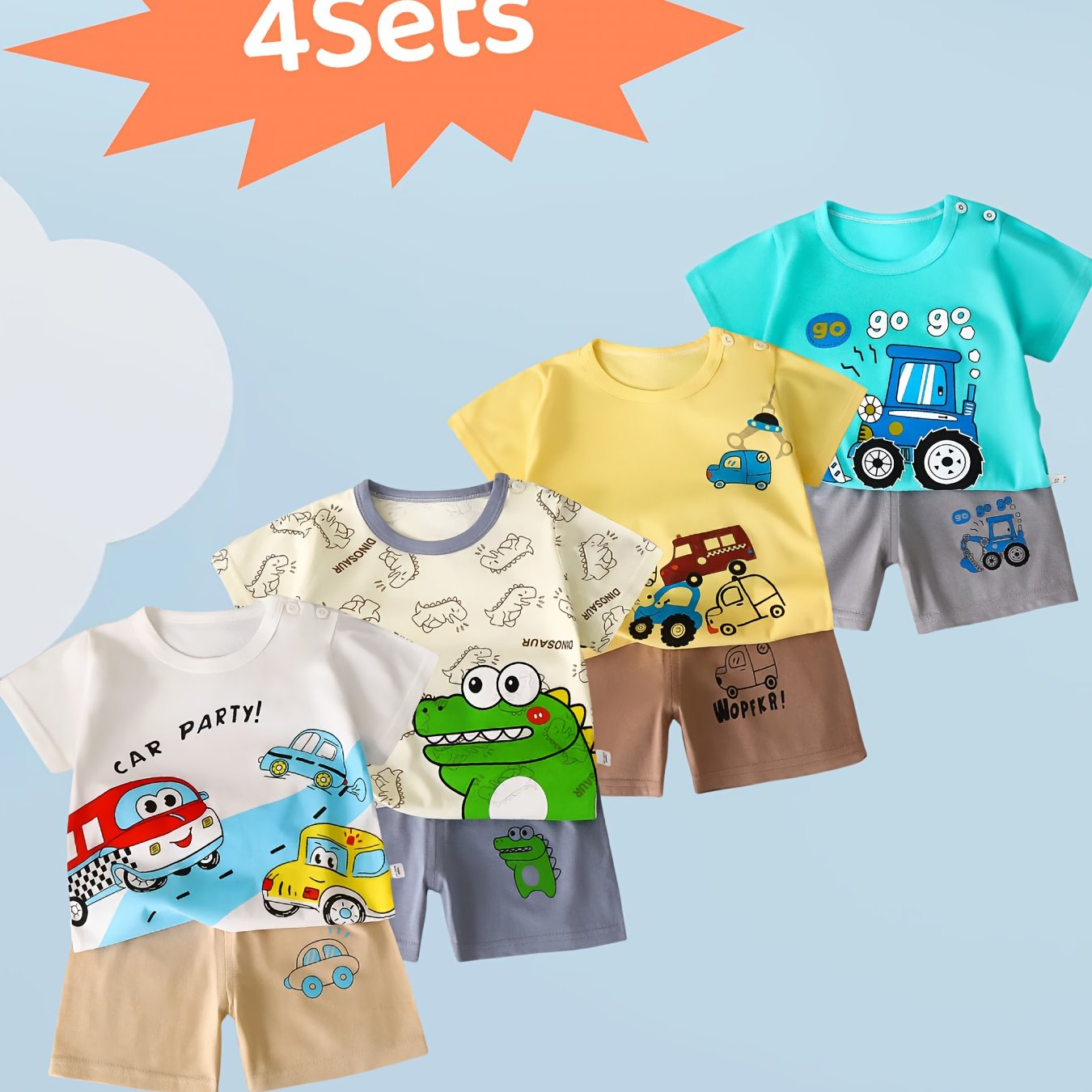 4 sets of 8pcs boys' short-sleeved shorts suits, cute crocodile car cartoon print, pure cotton comfortable fabric, loose and breathable, handsome and cute, it's a good summer gift for Youngsters, Perfect for Outdoor