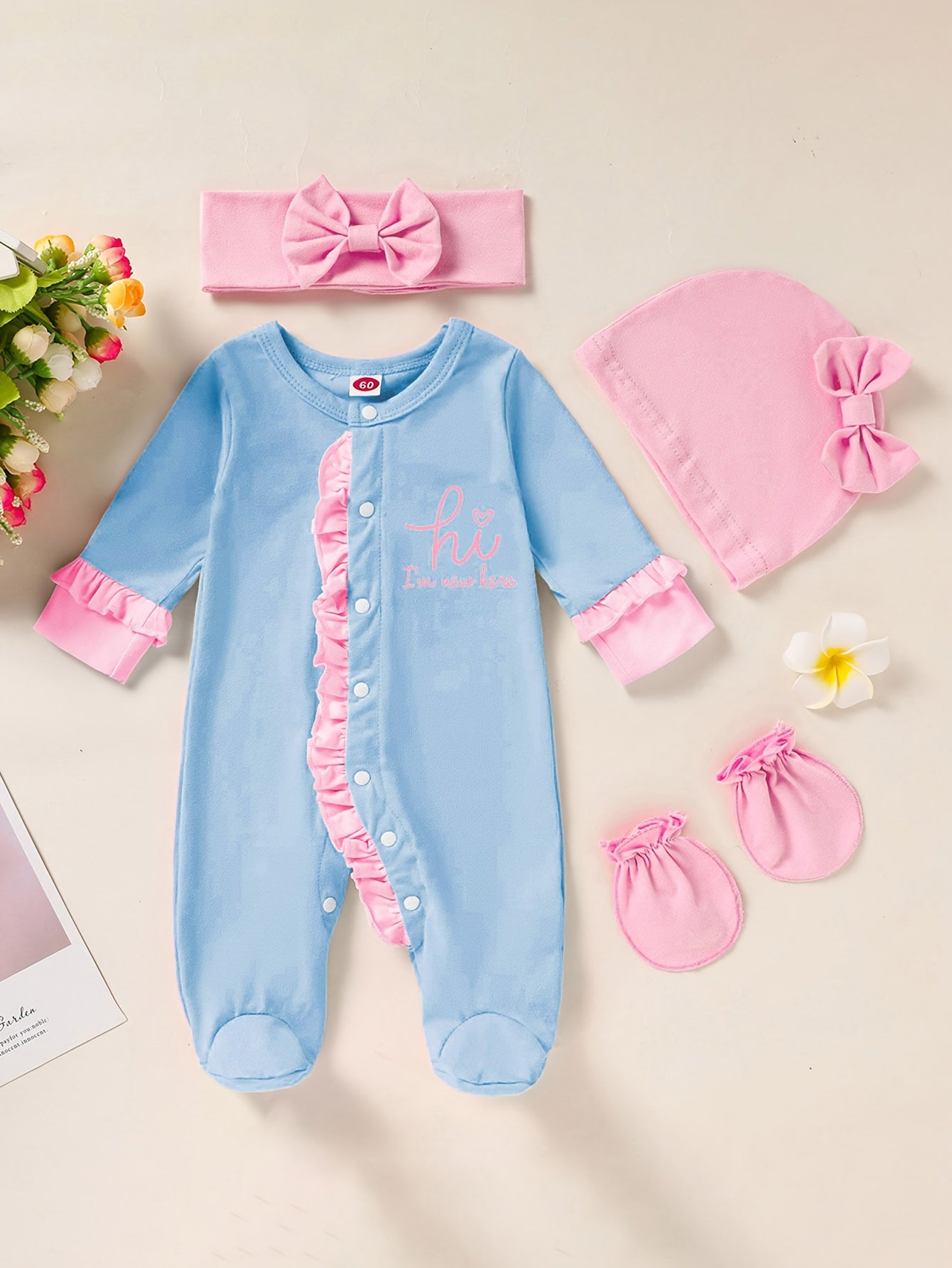 Newborn Baby Girl Romper Set Letter Print Mittens Headband